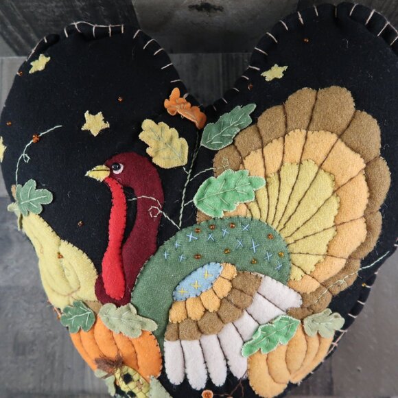 Traditions Turkey in Heart Hand Stitched Wool Felt Pillow Harvest Thanksgiving - Picture 5 of 6